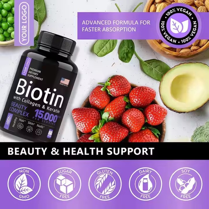 Private Label Biotin Keratin Collagen Pills Organic Biotin Capsules for Hair Skin and Nails Vitamins Biotin Supplement