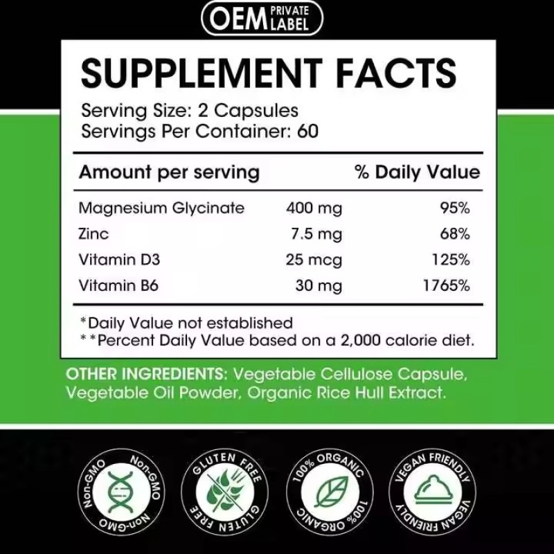 Halal Magnesium Complex Capsules Contain Magnesium Glycine Zinc, Vitamin B6 D3 for Sleep, Bone and Muscle Health