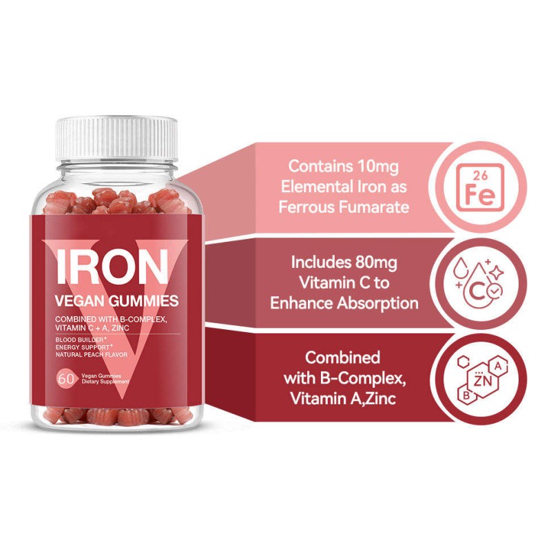 Premium Iron Gummies with Vitamin C for Energy and Blood Health Vegan Supplement 60 Gummies