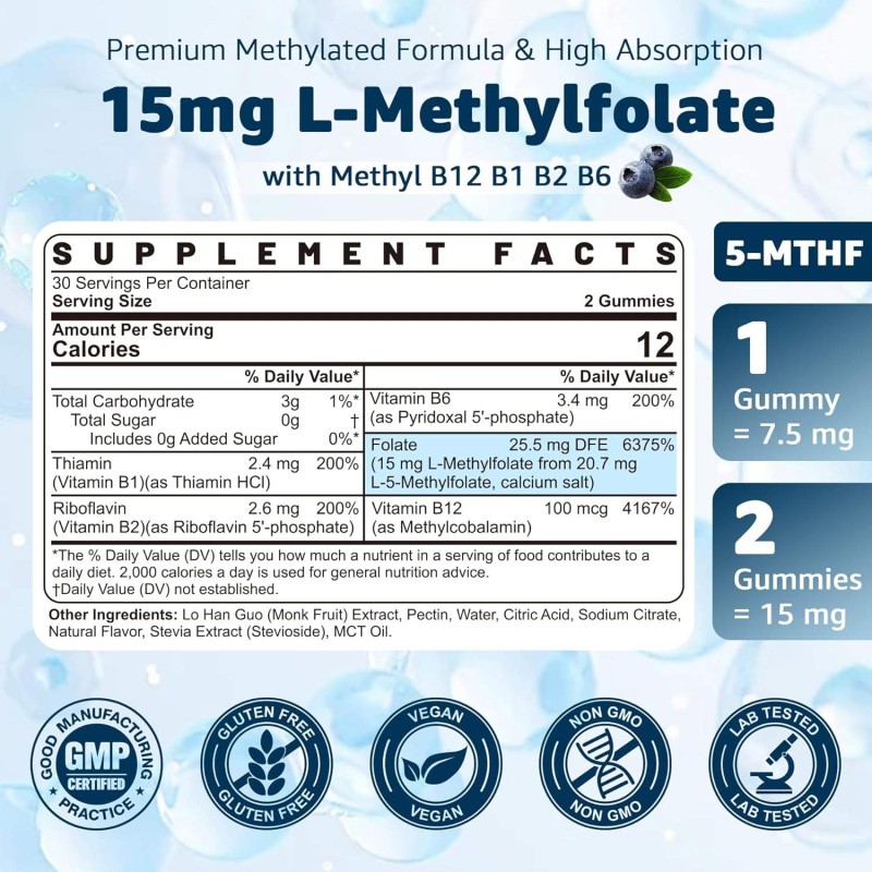 15mg L-Methylfolate Gummies W/ Methyl B12 & B Complex - MTHFR Support, Homocysteine Balance & Cognition - Methylated Vitamins