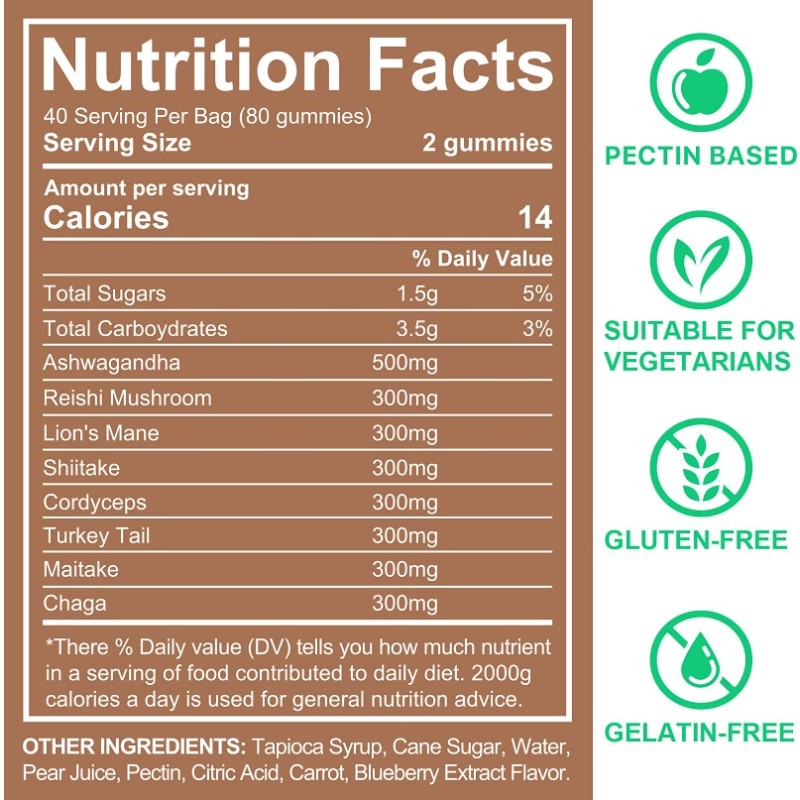 Shiitake Organic Mushroom Blend in a Smart Brain Supplement Mushroom Gummy with Ashwagandha to Enhance Memory