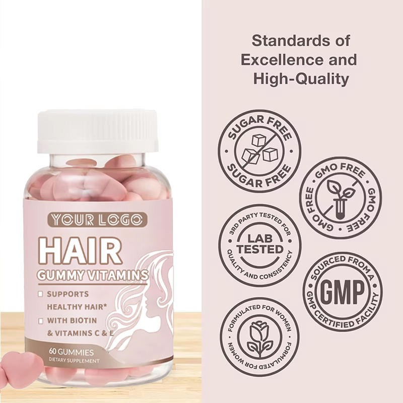 Herbal Hair Growth Gummy with Biotin Folic Acid Zinc Vitamin B12 Strawberry Flavor for Reduce Hair Loss Strengthen Elasticity