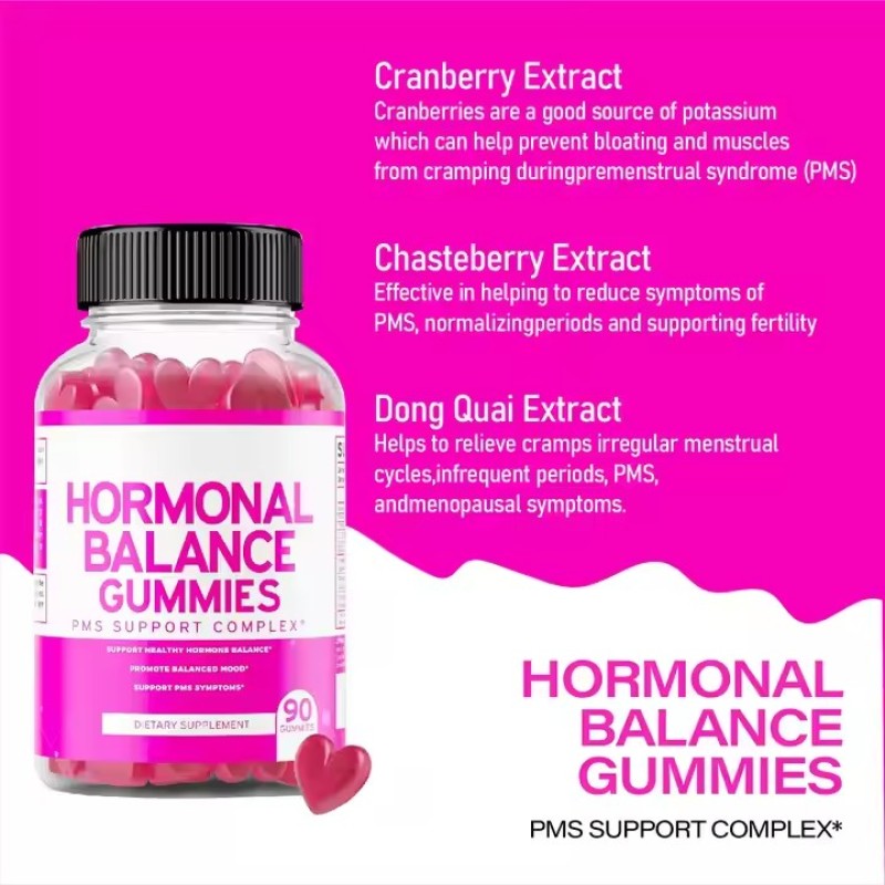OEM Private Label Vitamins Hormonal Balance for Women Support Cramps Bloating Mood Gummies PMS Gummies