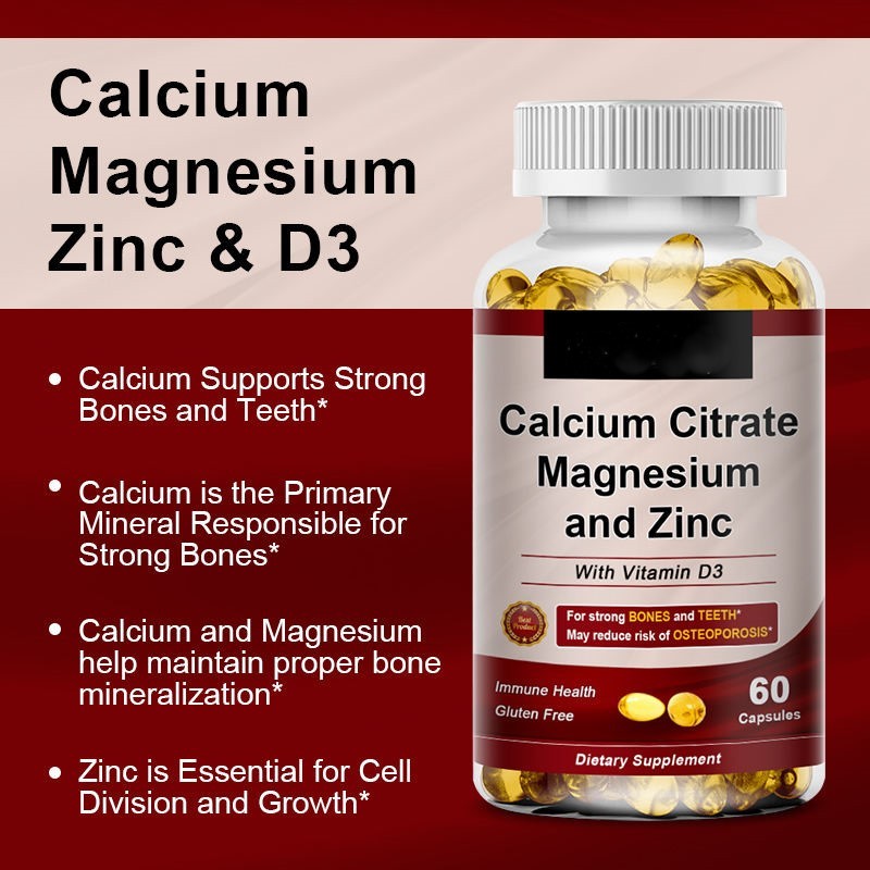 Bone Health Support Calcium Citrate Magnesium Zinc & D3 Complex - 60pcs Softgel Capsules, Gluten-Free
