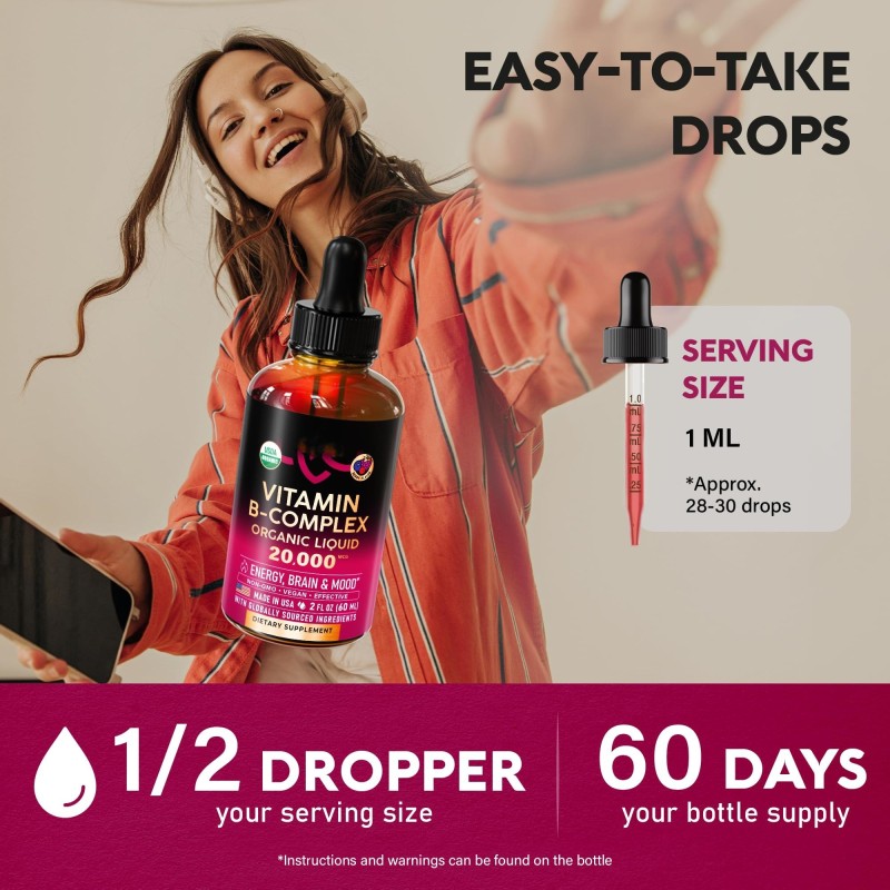 Vegan B Vitamin Liquid Drops - Non-GMO, Berry Flavor, Mood & Nerve Health Daily Supplement