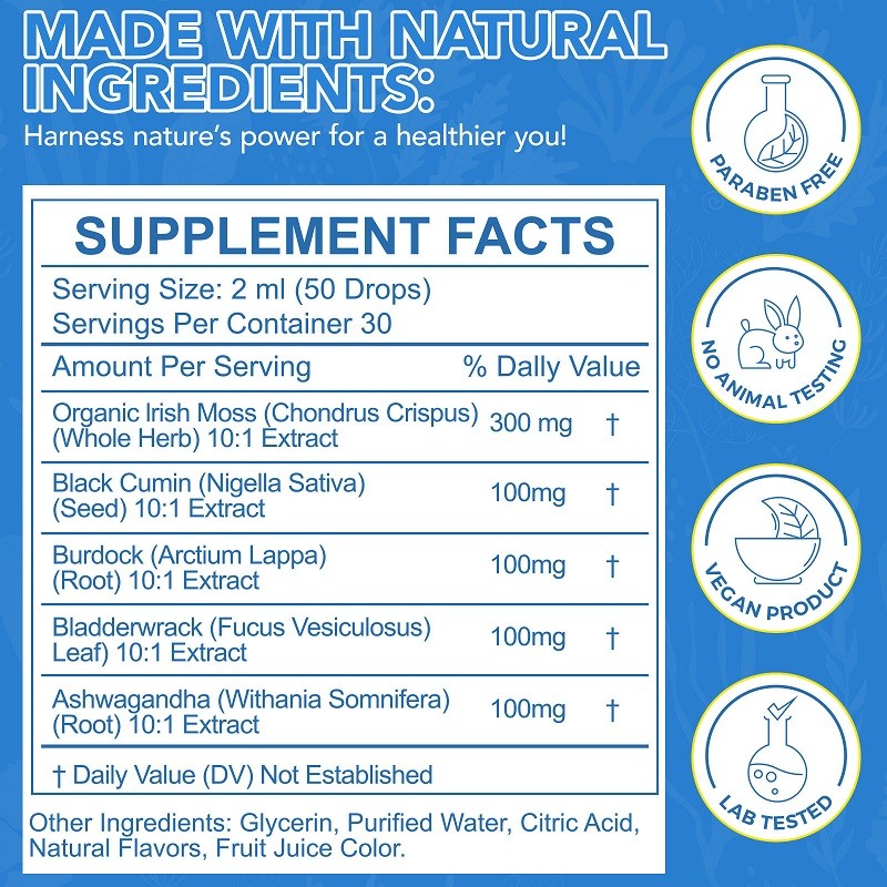 Organic Seaweed Black Seed Oil Dietary Supplement Liquid Drops Ashwagandha for Hair Skin Health Pregnant Women Antioxidant