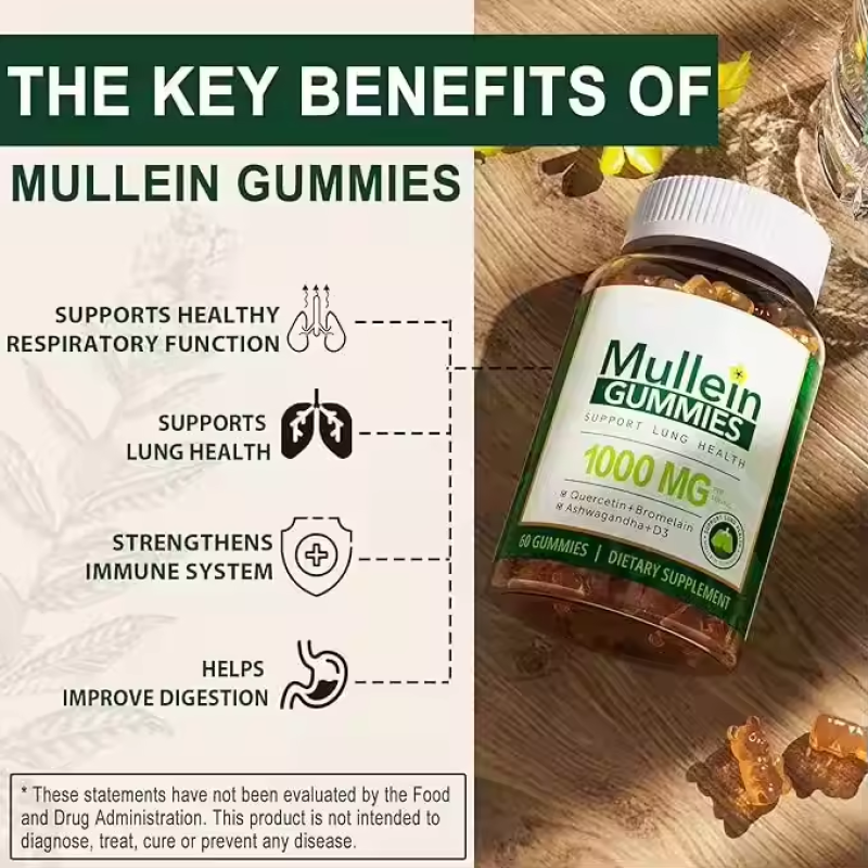 Premium Mullein Leaf Gummies 2000mg with Quercetin and Bromelain for Lung Detox and Respiratory Support
