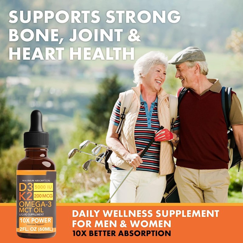 High Potency Vitamin D3 & K2 Liquid Drops 5000 IU - Bone Density & Immune Support with Rapid Absorption Liposomal Formula
