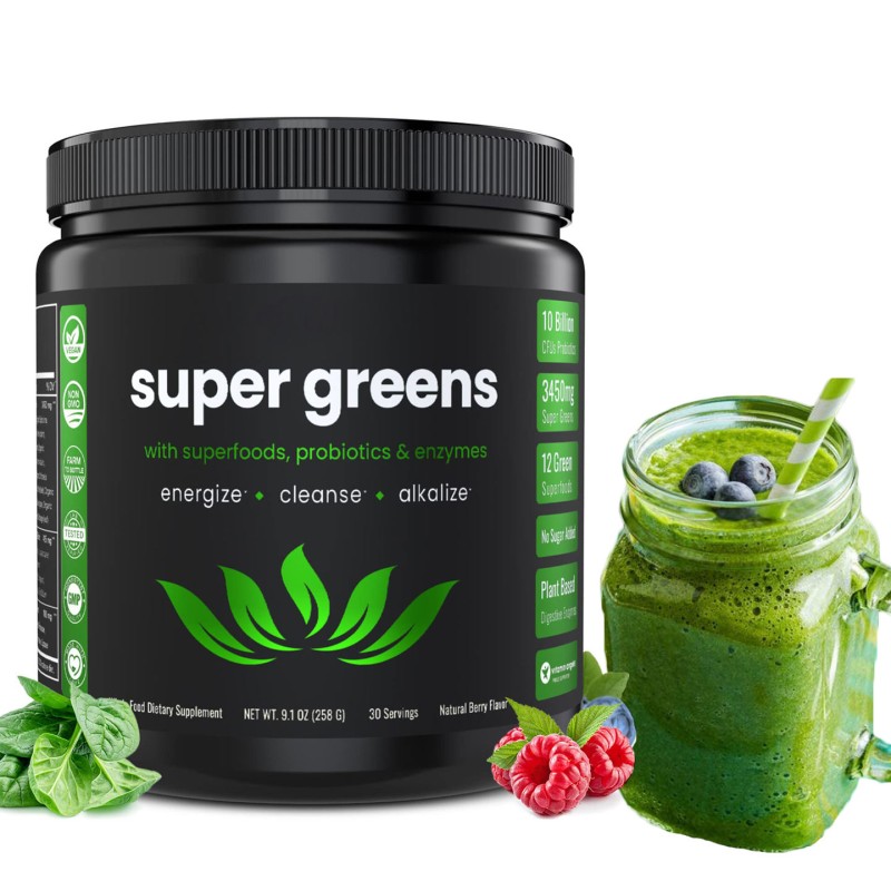 Organic Super Greens Powder with Probiotics and Digestive Enzymes for Gut Health and Energy Boost
