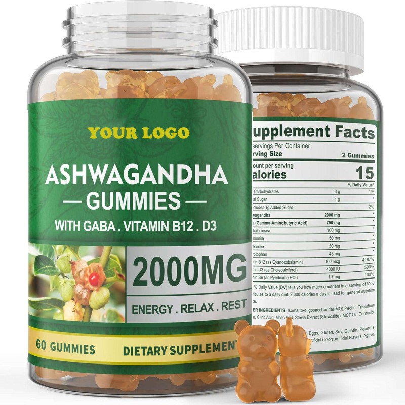 Organic Ashwa Root Gummies 2000mg with GABA, Vitamin B12 & D3 for Stress Relief & Immune Support