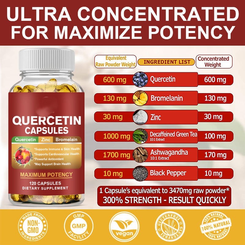 Quercetin Capsules Maximum Potency with Zinc 30mg & Bromelain - Vegan Immune Support, Heart Health & Skin Defense Boost