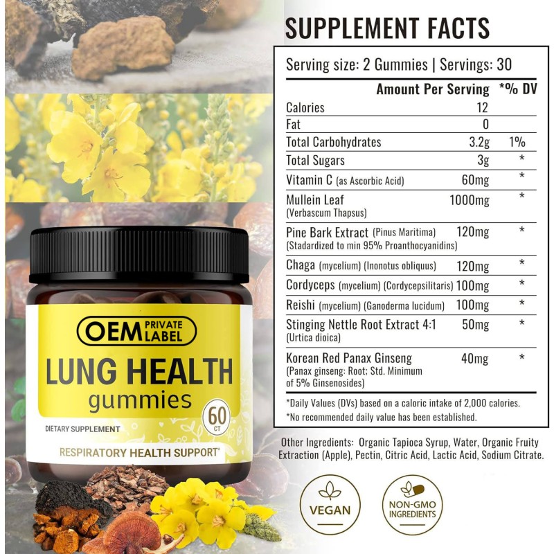 OEM Mullein Leaf Extract Gummies for Lung Health  Detox & Support