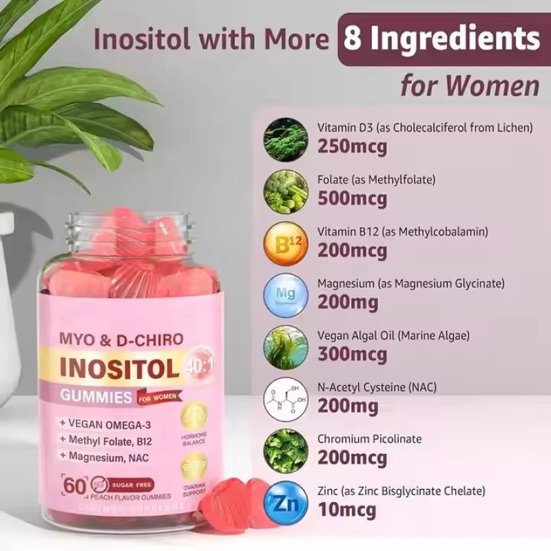 10 in 1 Myo-Inositol D-Chiro  With Vegan Omega 3 and Vitamin B12 Supplements Sugar Free Gummies for Ovarian Health