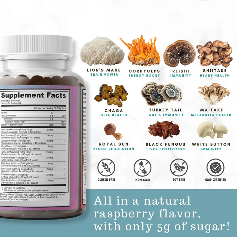 Immune Support Mushroom Gummies - 10 Mixed Mushrooms  for Defense & Energy Boost, Natural Supplement