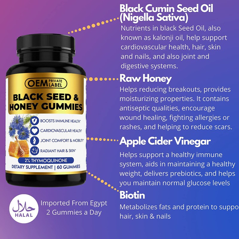 Premium Black Seed Honey Gummies with 2% Thymoquinone - Immune Booster & Joint Support | Natural Plant-Based Soft Chews