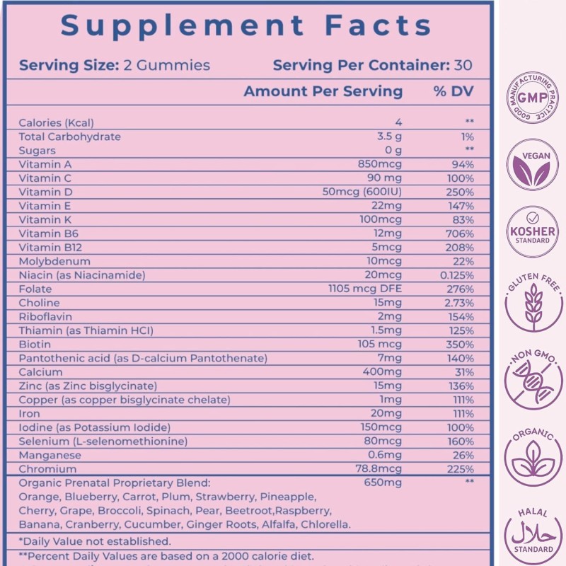 Private Customization Vegan Prenatal Gummies with Essential Nutrients for Fetal Development & Maternal Health