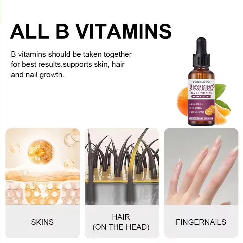 Organic Tangerine Flavor All 8 Vitamins B Complex Liquid Drops - Supports Energy Metabolism Hair Skin Care & Healthy Digestion