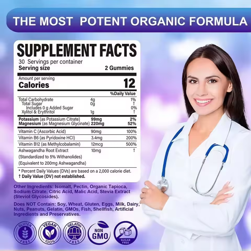 Custom Grape Flavor Sugar-Free Relaxation Gummies for Adults Magnesium Glycinate Potassium Citrate Dosage Form Gummy Candy