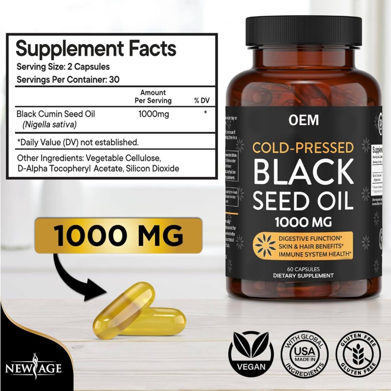 Pure Black Cumin Seed Oil Capsules - Cold-Pressed, Gluten-Free, Immune & Liver Health Support