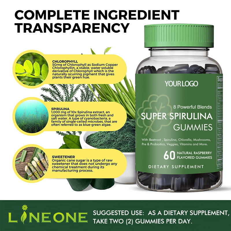 Super Spirulina Chlorophyll Gummies with Prebiotics & Vitamins for Beauty Detox Energy Boost - Adult Dietary Supplement