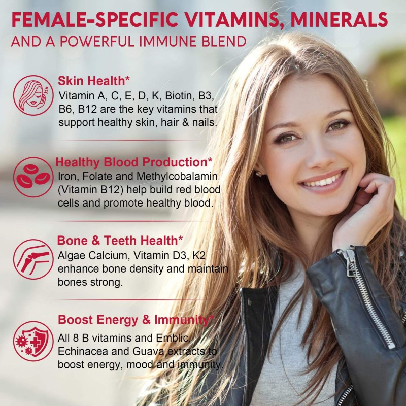 Methylated Multivitamin Gummies for Women: Vitamins A, C, D, K, Iron, Folic Acid, Improve Immunity and Replenish Energy