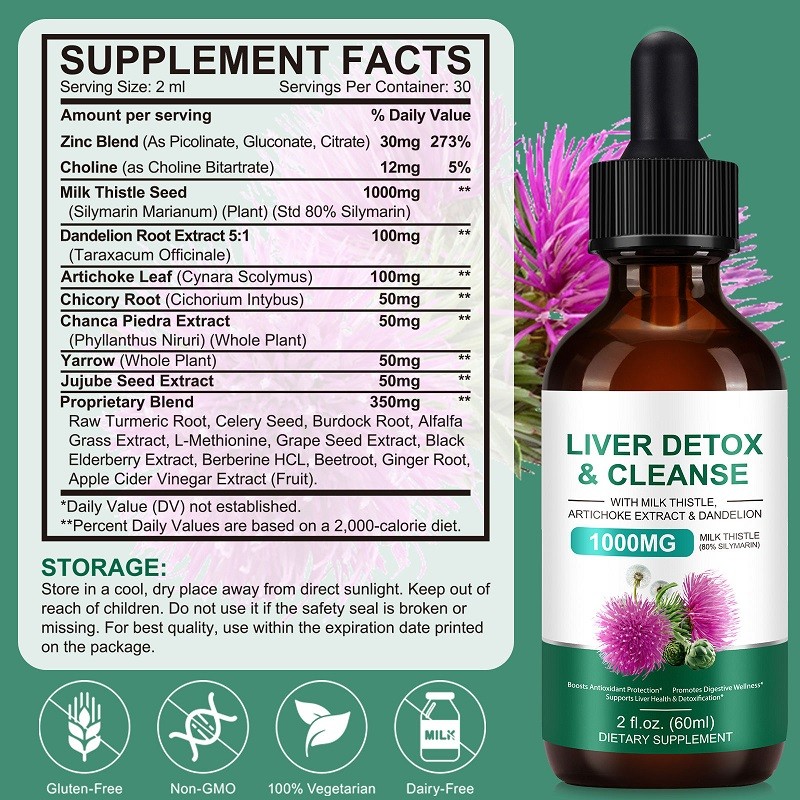 Liver Health Support Liquid Supplement Liver Detox and Cleansing Drops with Milk Thistle Herbal Extract Vegan
