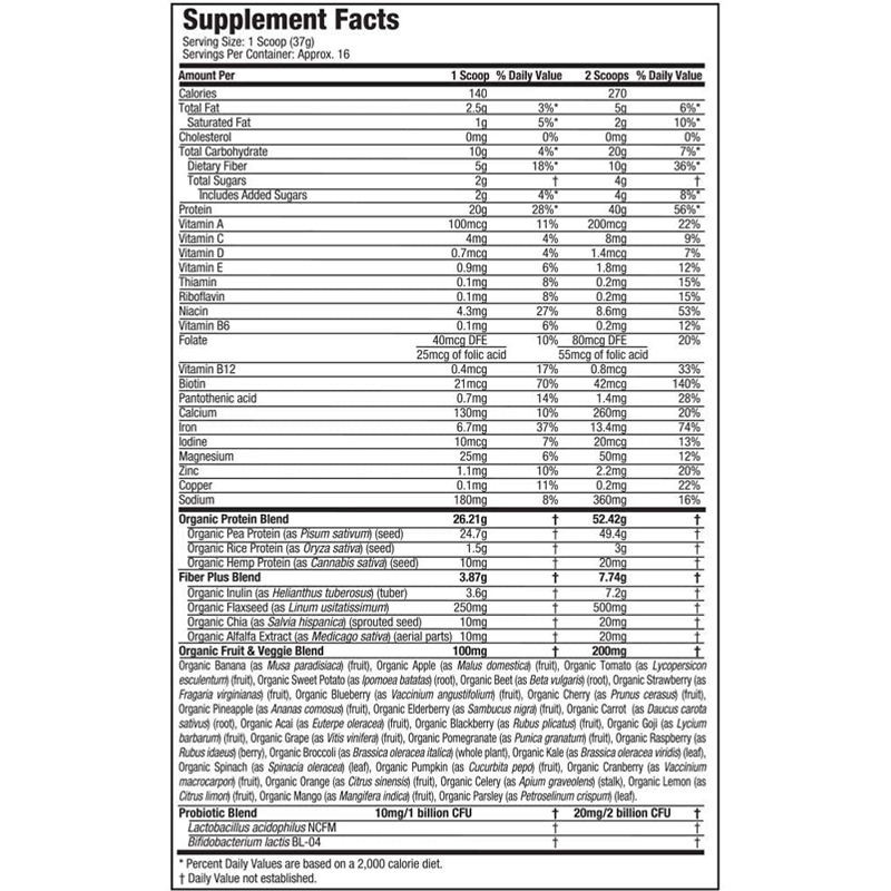 All-Natural Vegan Protein Supplement - Probiotics & Fiber, Gluten-Free & Dairy-Free, Meal Replacement Shake