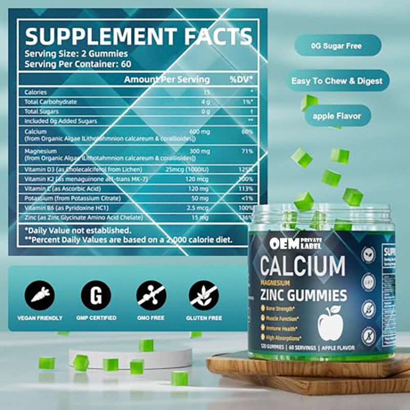 Premium Calcium Magnesium Zinc Gummies with Vitamin D3 and K2 for Bone Strength and Muscle Support 60 Gummies