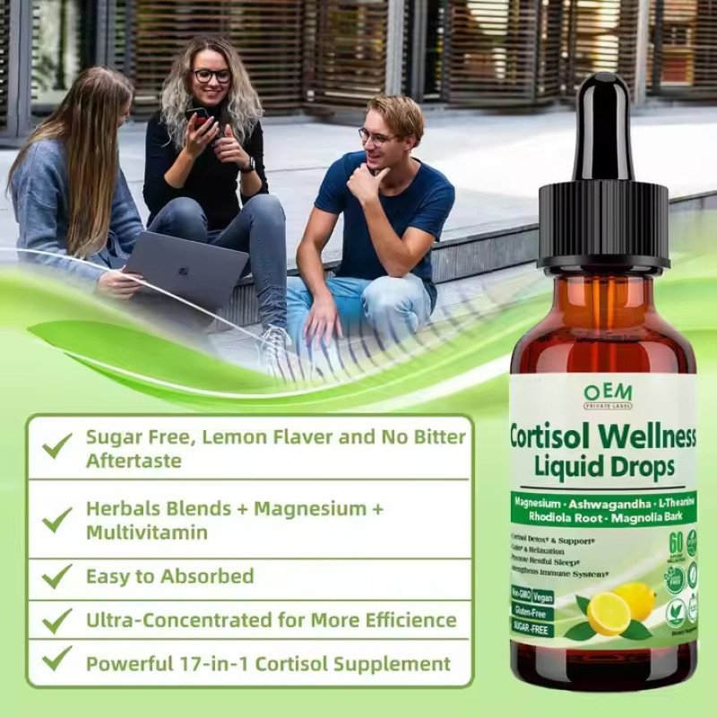 Cortisol Supplement Liquid Drops Cortisol Detox Magnesium Ashwagandha L-Theanine Phosphatidylserine Hormone Balanced for Women