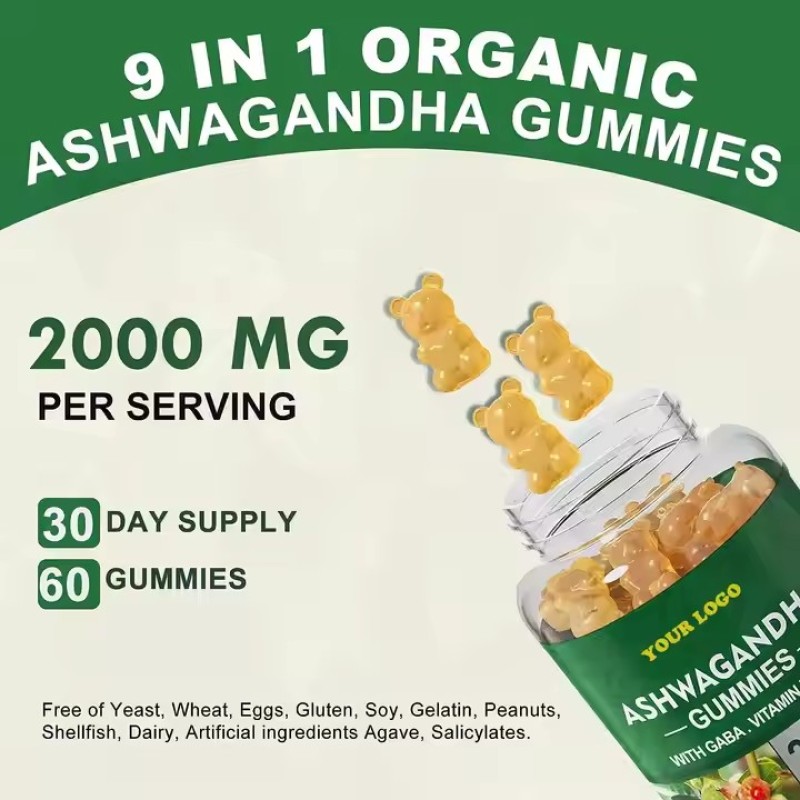 Organic Ashwa Root Supplement Ashwagandha Gummies Containing GABA, Vitamins B12 and D3 Calms Emotions and Helps Sleep