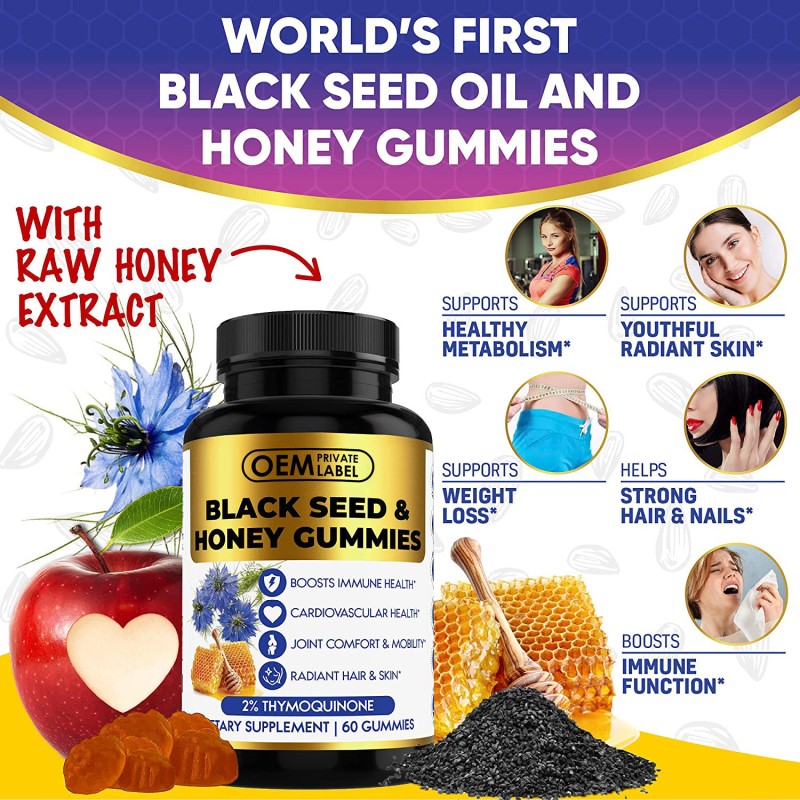Premium Black Seed Honey Gummies with 2% Thymoquinone - Immune Booster & Joint Support | Natural Plant-Based Soft Chews