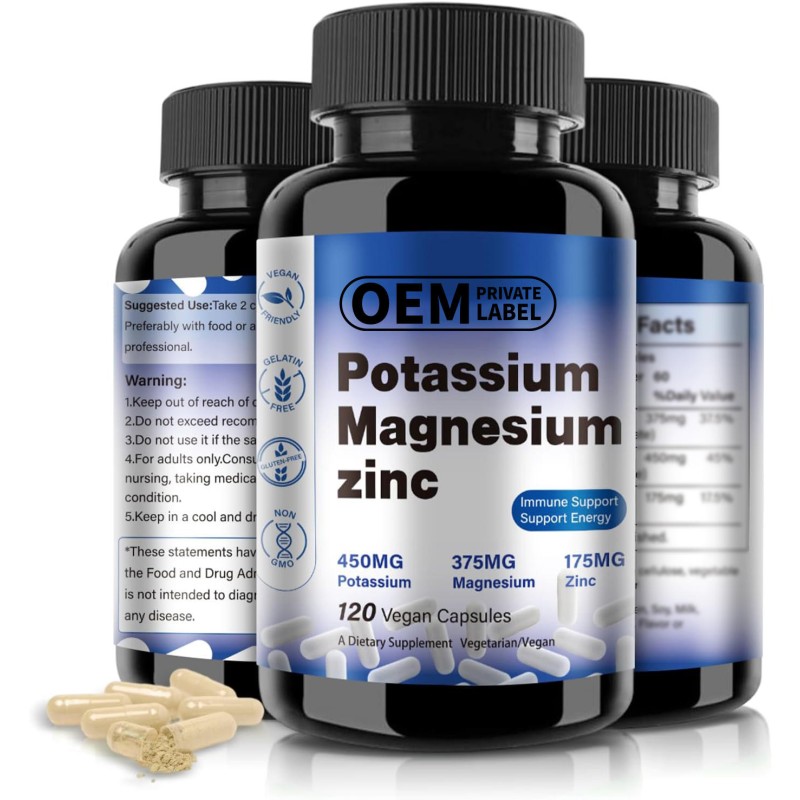 High-Quality Vegan Potassium Magnesium Zinc Capsules - 120 Capsules for Muscle, Energy, and Immune Support