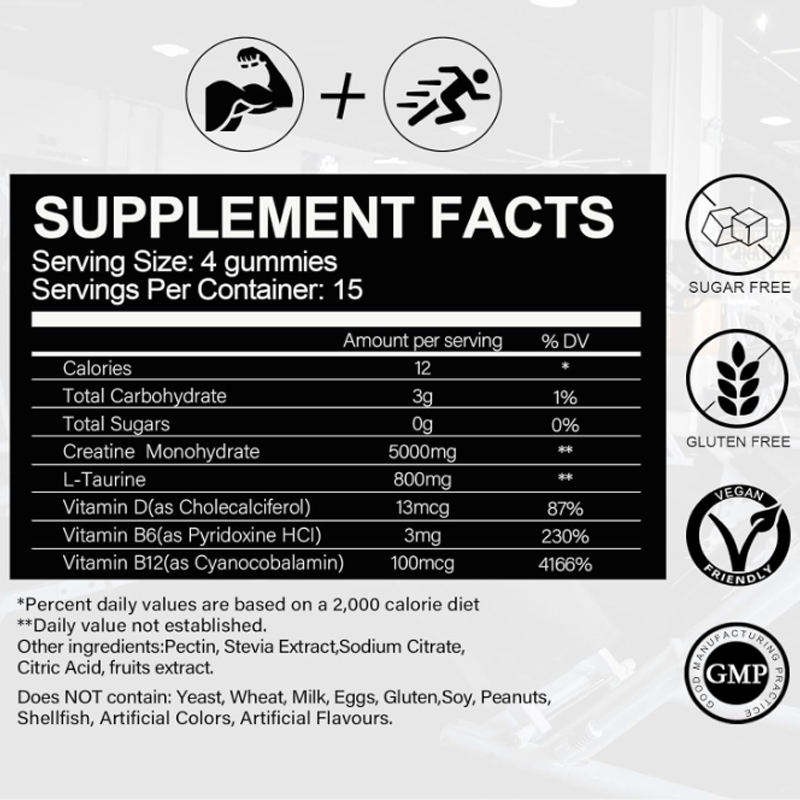 Custom OEM Halal Vegan Sugar-Free Creatine Monohydrate Gummies 5g for Pre-Workout Muscle Growth