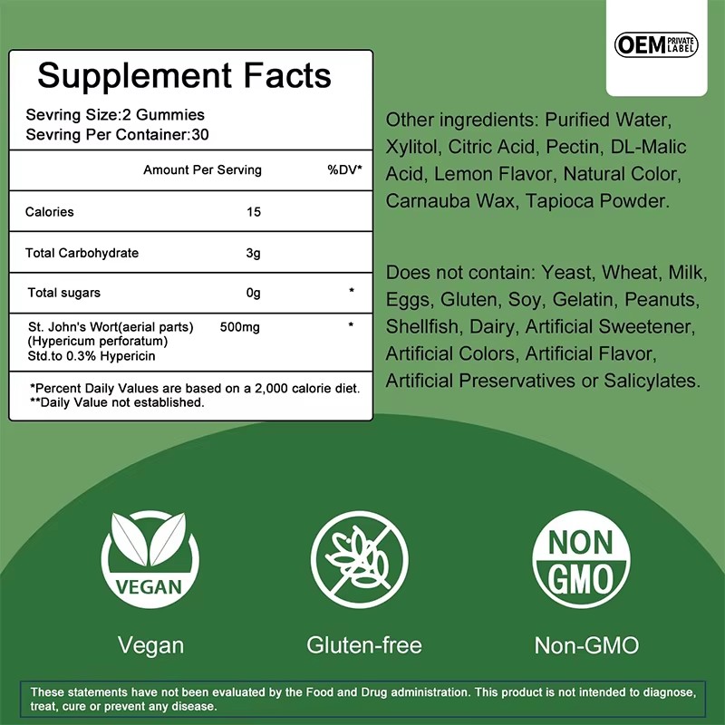 Lemon Flavored St. John's Wort 300mg Chewable Gummies: Herbal Stress Relief & Mood Support for Anxiety Adults