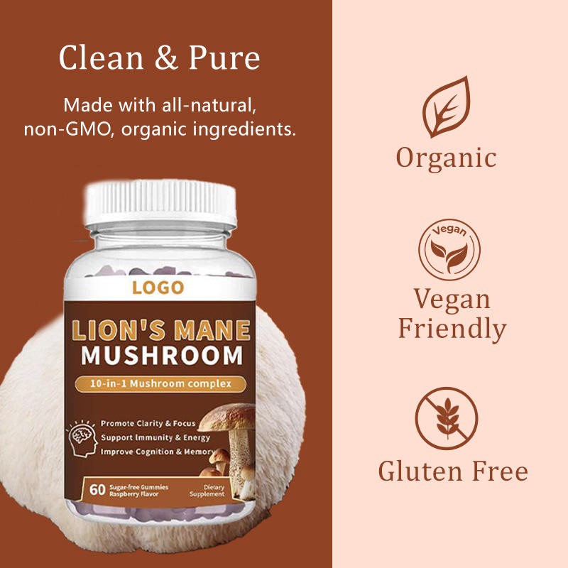 Organic Lions Mane and Ashwagandha Gummies for Focus Energy and Stress Relief with Cordyceps Reishi