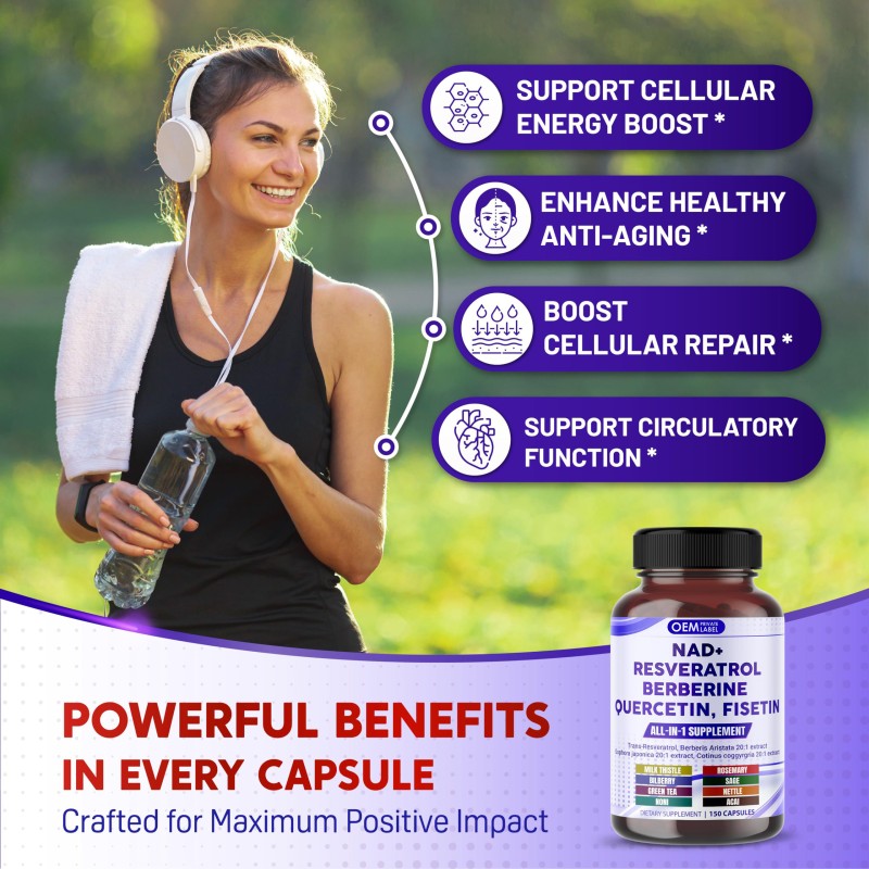 OEM Premium NAD+ Supplement with Trans Resveratrol, Berberine, Quercetin, Fisetin, and Milk Thistle for Enhanced Cellular Health