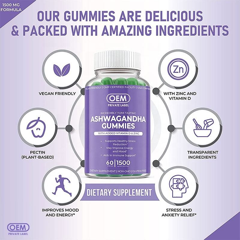 OEM Vegan Pectin Gummies Supplement Ashwagandha Gummy With Zinc and Vitamin D Supports Mood Enhancing Providing