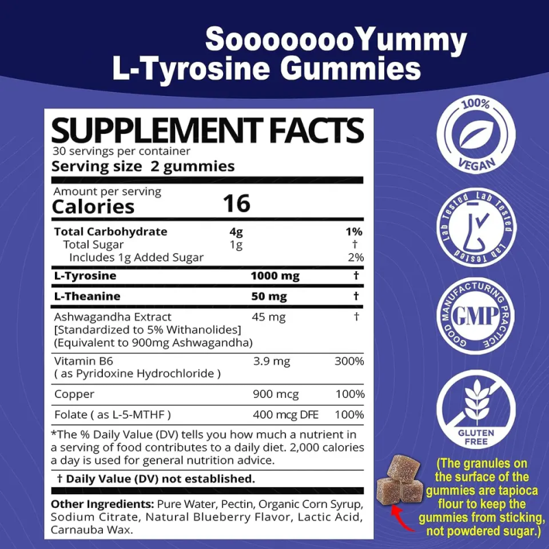 L Tyrosine L Theanine Ashwagandha Gummies for Stress Relief Mood Support Focus Boost Adults & Students Dietary Supplement