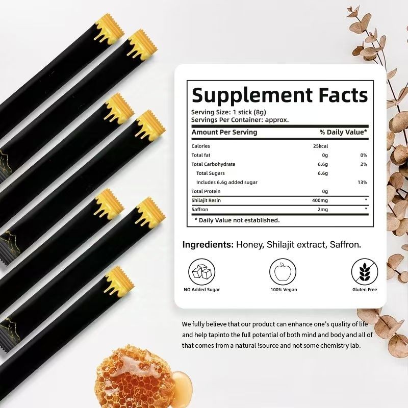 Private Label Pure Shilajit Resin Honey Sticks Gummies Nutrient-Boost Herbal Supplement Pack Sachets for Energy Vitality