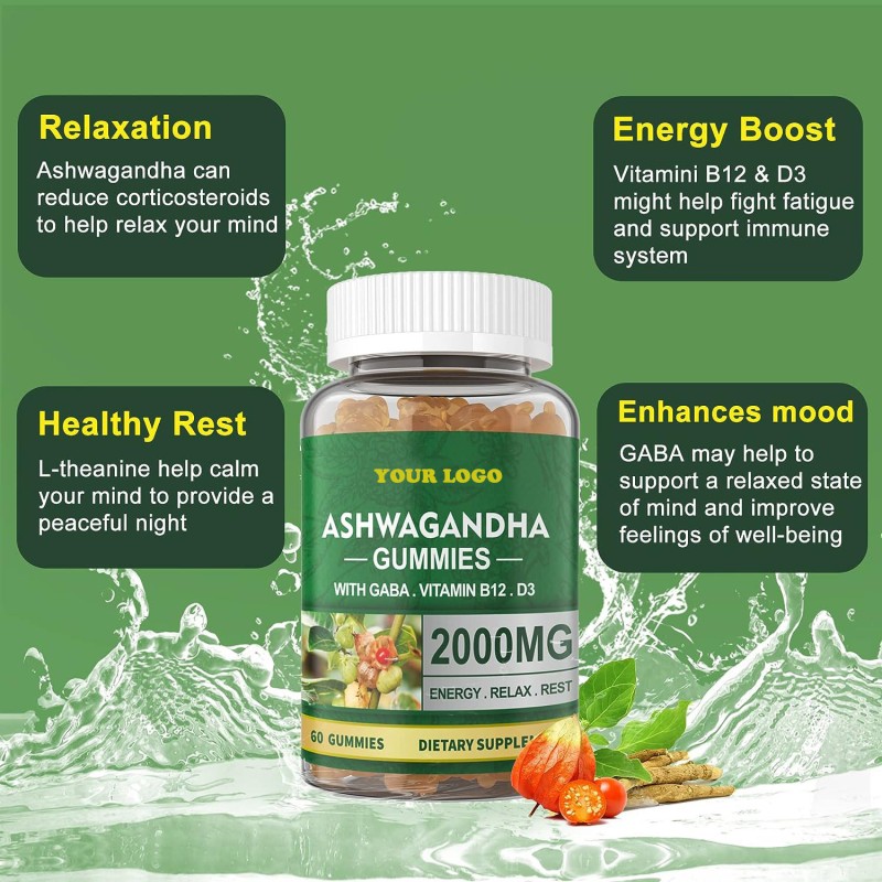 Organic Ashwa Root Gummies 2000mg with GABA, Vitamin B12 & D3 for Stress Relief & Immune Support
