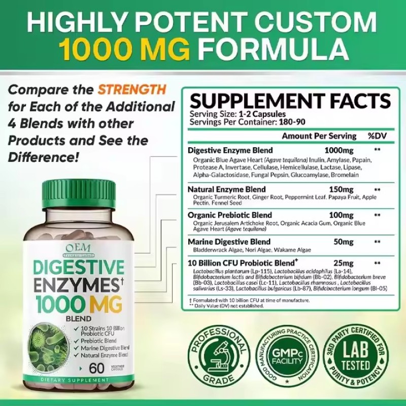 OEM Natural Digestive Enzymes Capsule Supplement of Prebiotics with Probiotics Properties Tablet Capsules