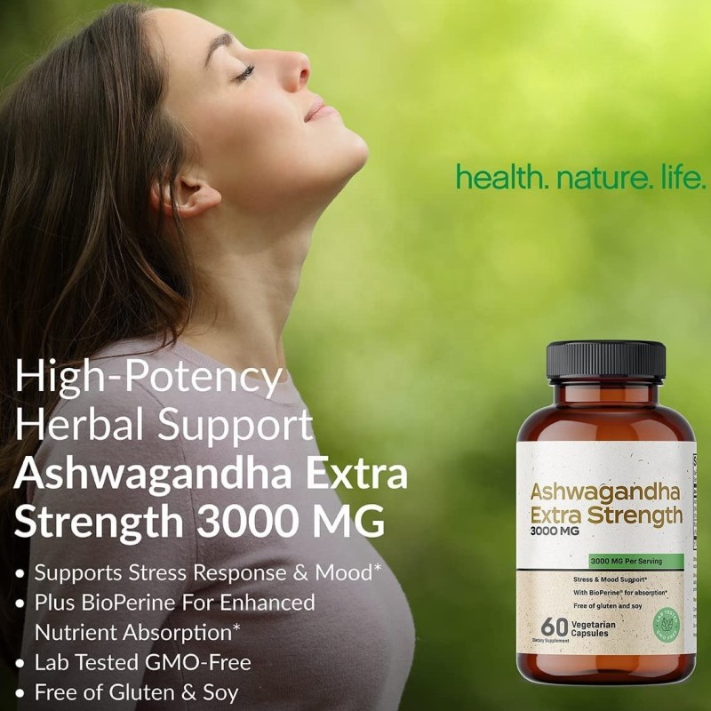 Organic 3000mg Ashwagandha Capsules with Black Pepper Herbal Supplement for Stress Relief and Deep Sleep Support