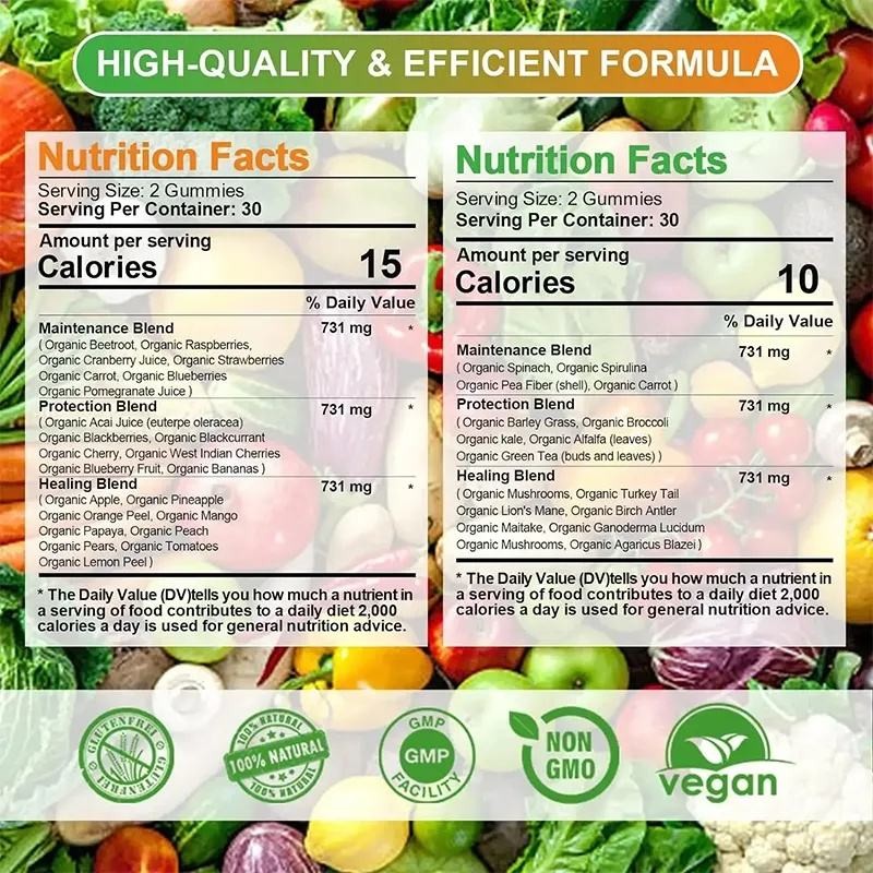 Organic Whole Food Gummies with 40+ Fruits and Veggies for Energy and Immunity Vegan Sugar-Free Supplement