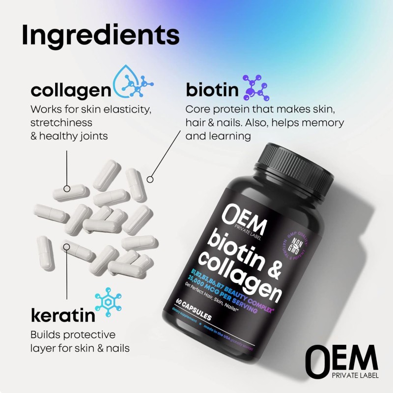 OEM/ODM Premium Collagen & Keratin Biotin Vitamins Capsules for Hair, Skin & Nail Care Herbal Collagen Supplement
