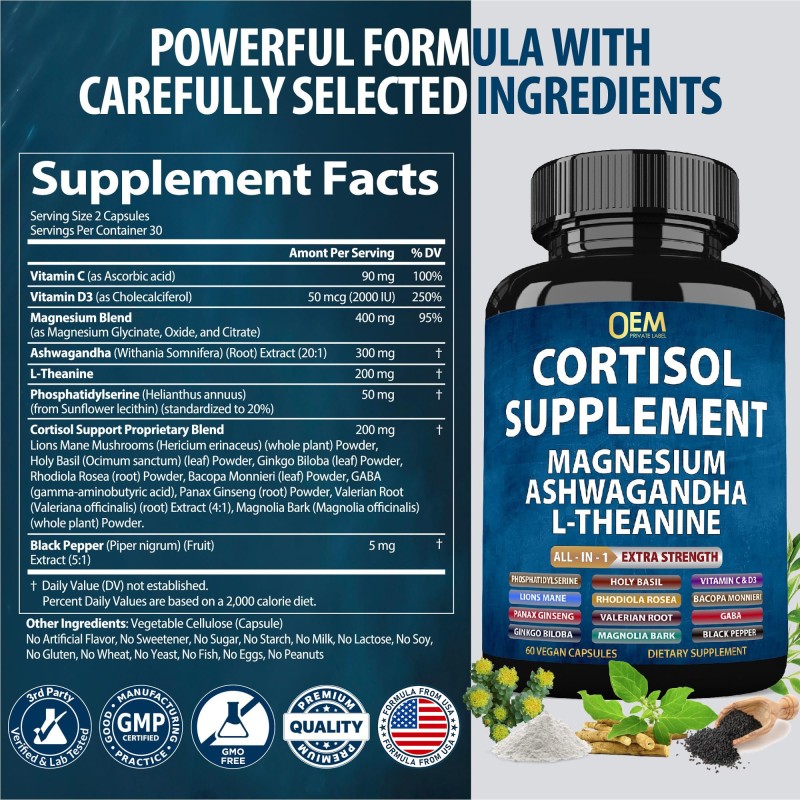 OEM Cortisol Management Herbal Capsules with L-Theanine for Detox, Sleep Support, and Stress Relief for Women