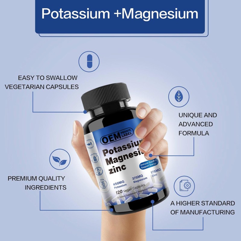 High-Quality Vegan Potassium Magnesium Zinc Capsules - 120 Capsules for Muscle, Energy, and Immune Support