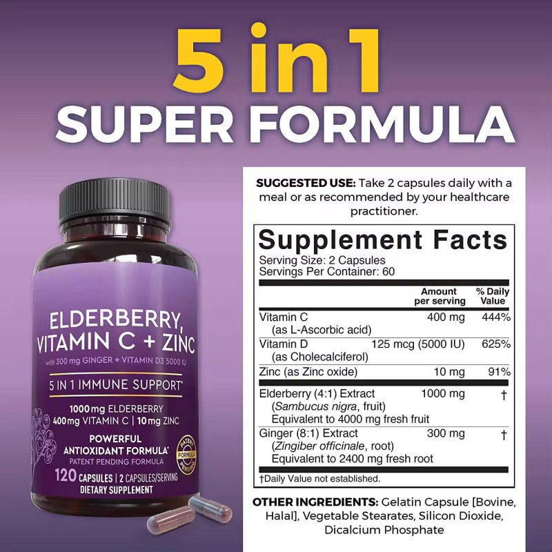 Natural Herbal Supplement Black Elderberry Extract Multi-Vitamin Capsules Vegan Immune Booster Improves Endurance