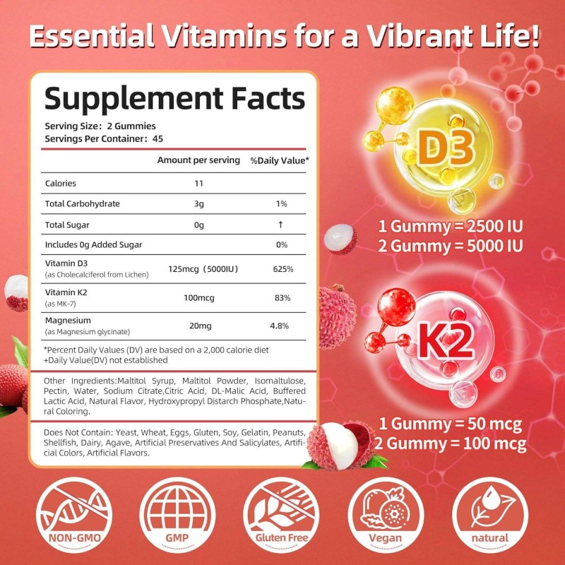 Premium Vitamin D3 K2 Fruit Gummies for Adults - Energy Booster & Beauty Supplement with Natural Fruit Flavors