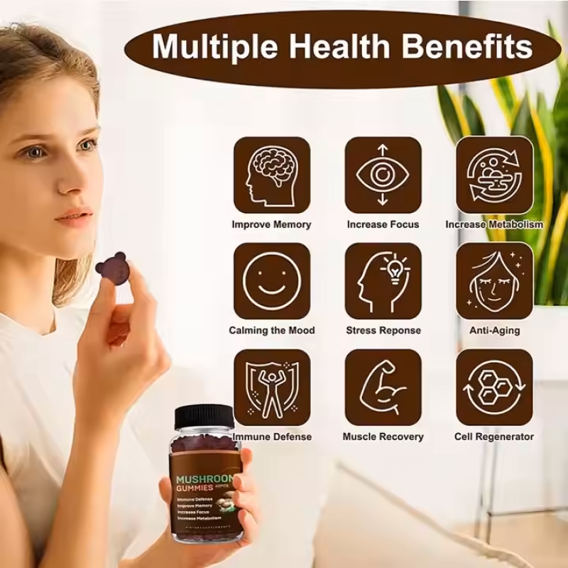10-in-1 Organic Mushroom Gummies for Brain Focus & Immune Defense - Natural Vegan Supplement for Adults Kids