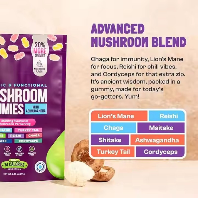 Herbal Supplements Mushroom Gummies Organic Mushroom Blend Powder 8-IN-1 Lion's Mane Mushroom Gummies
